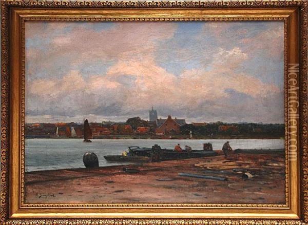 Town On A River Men Working On Dock Oil Painting - Johann Jungblutt