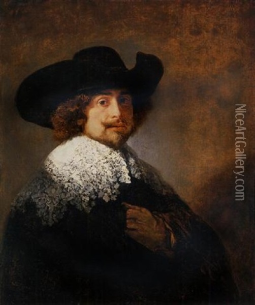 Portrait Of A Gentleman In A Black Hat And A Lace Falling Collar Oil Painting -  Rembrandt van Rijn