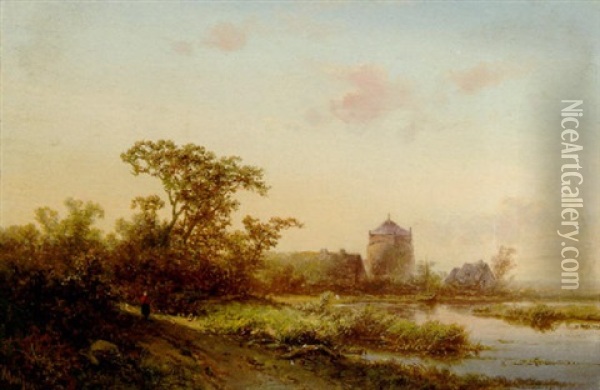 A Summer Landscape At Dusk With A Farm Beyond Oil Painting - Pieter Lodewijk Francisco Kluyver
