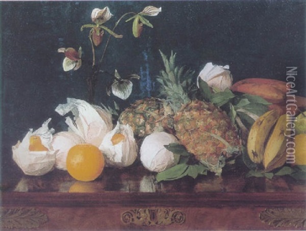 Still Life With Fruit And Flowers On A Tabletop Oil Painting - Alberta Binford McCloskey