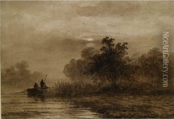 Fishermen In A Rowing Boat By The Reeds Oil Painting - Johannes Franciscus Hoppenbrouwers