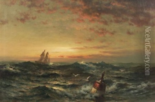 Seascape Sunrise With Buoy Oil Painting - Edward Moran