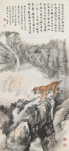 Tiger Prowling Oil Painting - Zhang Shanzi