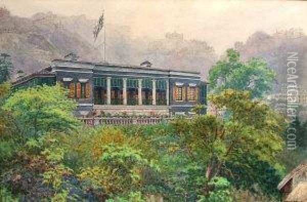 A British Colonial Building Amongst Other Mountain Top Dwellings Oil Painting - Ginnosuke Yokouchi