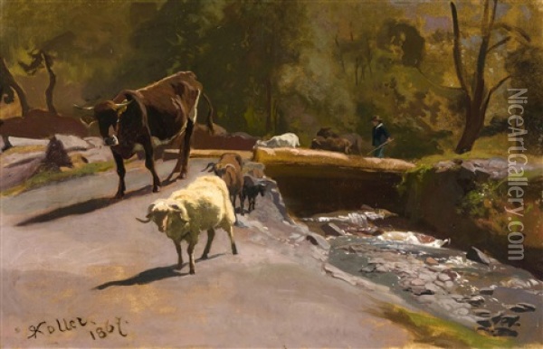 Kleine Herde Am Bach, Auf Der Brucke Hirte Mit Ziegen Oil Painting - Johann Rudolf Koller