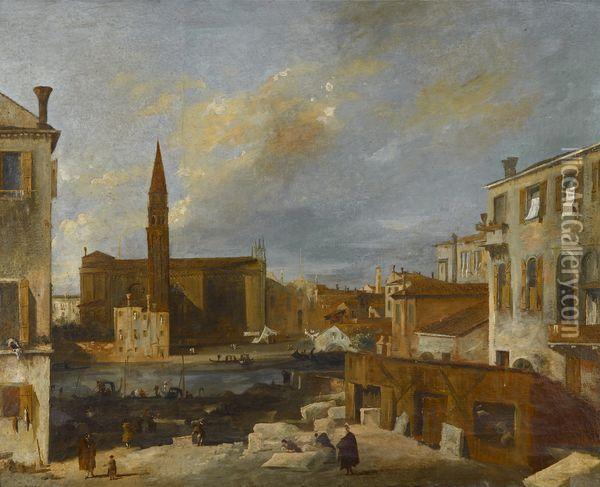 < Ville Venitienne Animee De Personnages >. Oil Painting - (Giovanni Antonio Canal) Canaletto