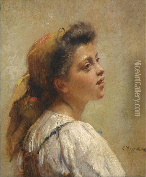 Portrait Of A Young Girl With A Red Scarf Oil Painting - Konstantin Egorovich Makovsky