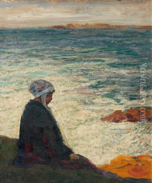 Bretonne Assise En Bord De Mer, Baie De Ploumanach Oil Painting - Victor Charreton