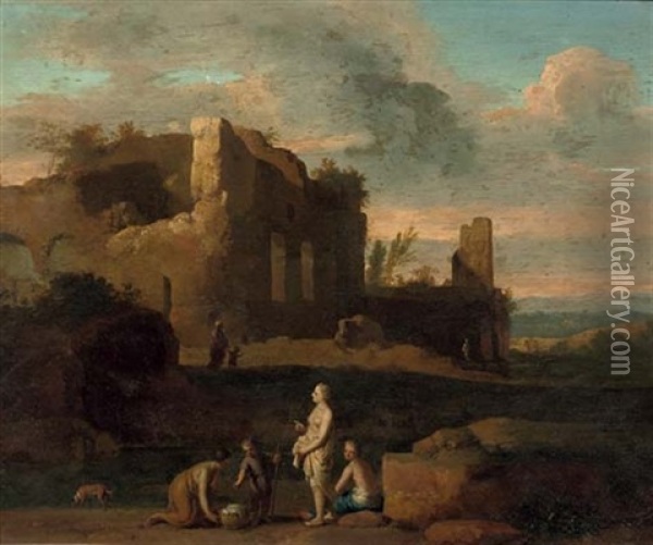 An Italianate Landscape With A Washerwoman And Other Figures Conversing By A Stream, Ruins Beyond Oil Painting - Cornelis Van Poelenburgh