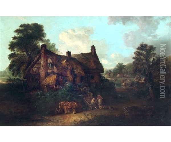 Figures And Horse Before A Cottage Oil Painting - Edward Robert Smythe