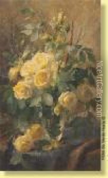 Vase Fleuri De Roses Jaunes Oil Painting - Frans Mortelmans