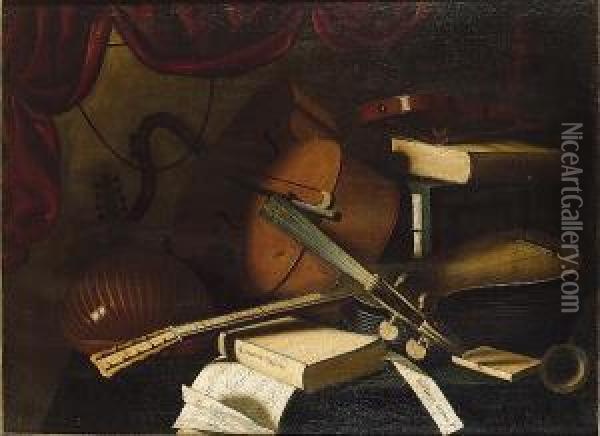 A Lute, Cello, Violin, Guitar, Musical Manuscript And Books On A Draped Table Oil Painting - Bartolomeo Bettera