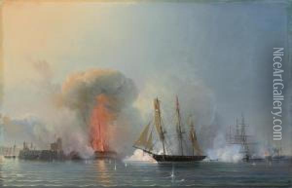 The French Fleet Bombarding Vera Cruz Oil Painting - Antoine Leon Morel-Fatio