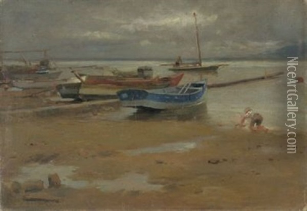 Fischerboote Am Uferstrand Oil Painting - Karl Raupp