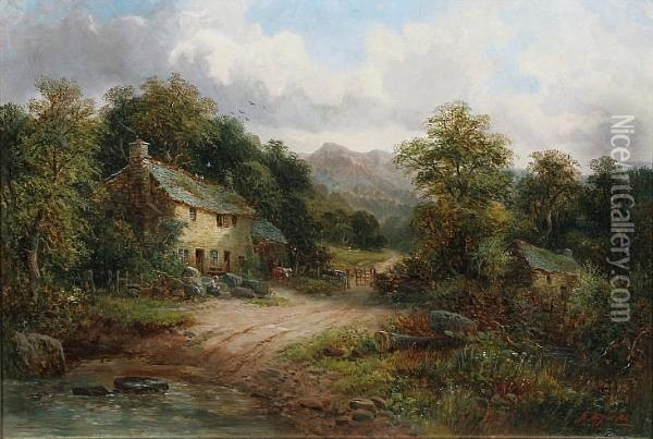 Farmstead By A Ford Oil Painting - M.M. Jacobi