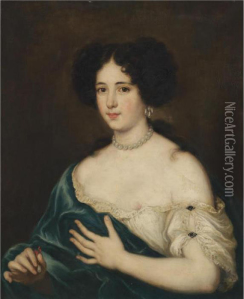 Portrait Of A Lady, Half Length,
 Holding An Earring And Revealing Her Left Breast, Possibly Maria 
Mancini As Cleopatra (?) Oil Painting - Jacob Ferdinand Voet