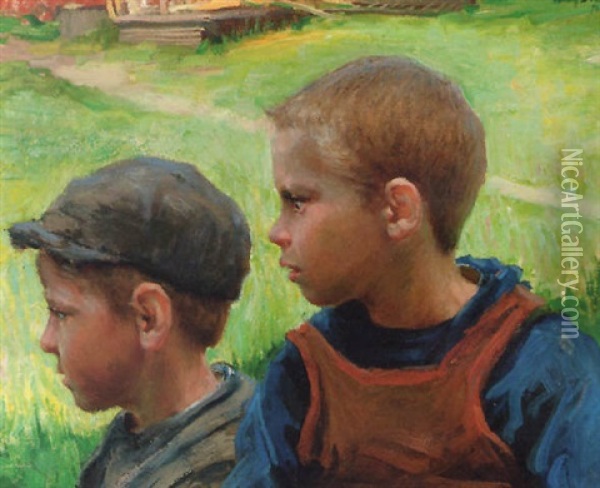 The Young Farmhands Oil Painting - Fanny Ingeborg Matilda Brate
