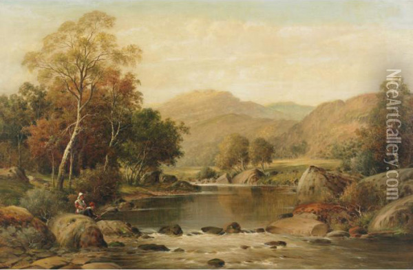 Figures Fishing In A Tranquil Pool Oil Painting - William Henry Mander