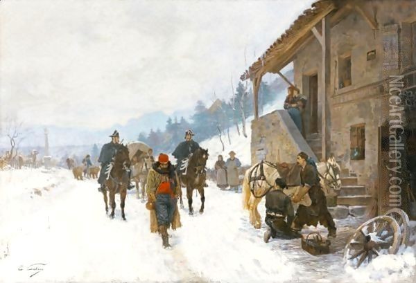 A Cheval Landscape In Winter With Jugglers, Dancing Bears And Gendarmes On Horseback Oil Painting - Edouard Castres