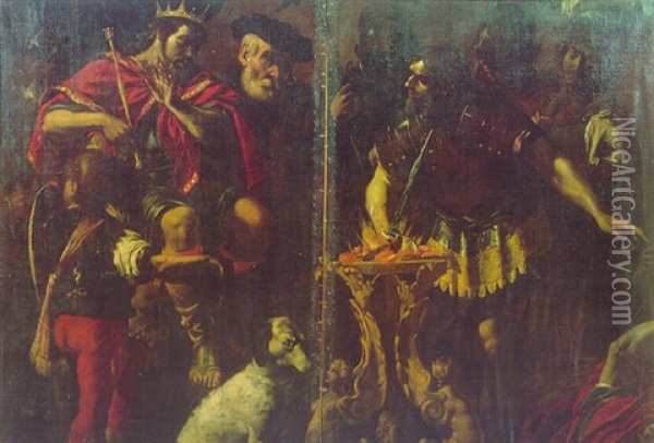 Mucius Scaevola Thrusting His Right Hand Into The Flames Before Lars Porsena Oil Painting - Bartolomeo Manfredi