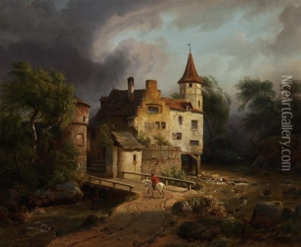 Reiter Auf Schimmel Vor Brucke Und Schloss Oil Painting - Heinrich Franz Gaudenz von Rustige