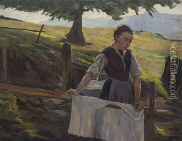 Jeune Valaisanne Etendant Du Linge Oil Painting - Eugene Gilliard