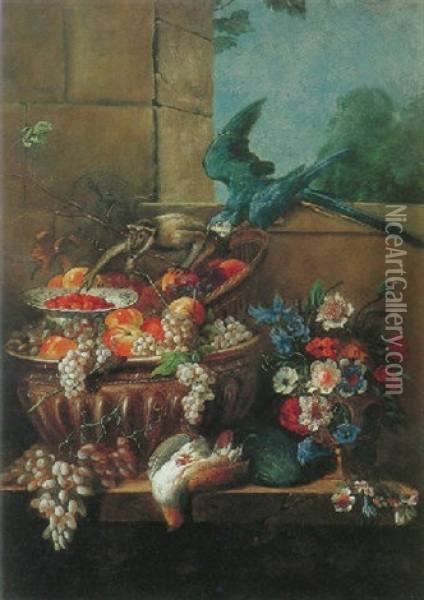 Still Life Of Fruit And Flowers Resting On The Ledge With A Monkey And A Parrot Oil Painting - Pierre Nicolas Huilliot