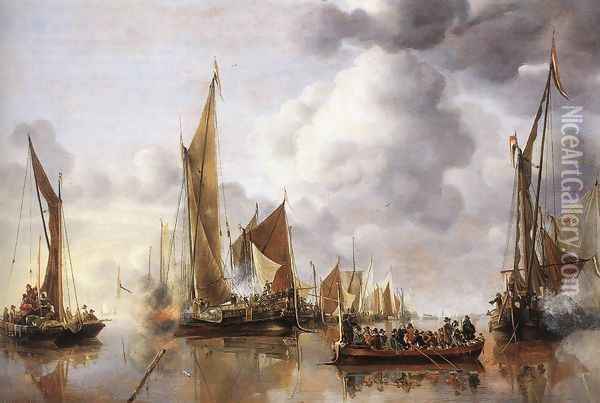 The State Barge Saluted by the Home Fleet 1650 Oil Painting - Jan Van De Capelle