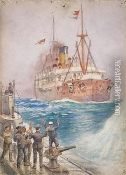 A German U Boat Surrendering To A British Mystery Ship Oil Painting - Charles John de Lacy