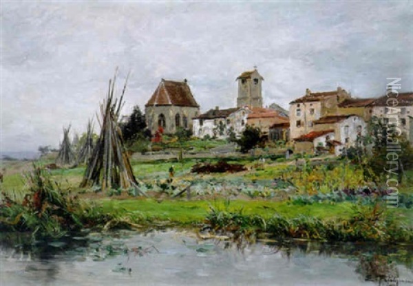 A Riverside Village Oil Painting - Edmond Marie Petitjean