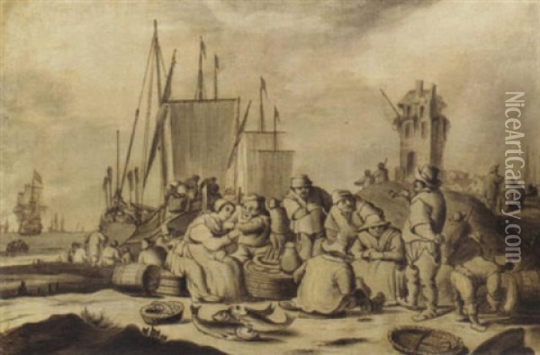 Merchants And Other Figures Eating, Drinking And Smoking On A Beach, Shipping And A Town Beyond Oil Painting - Cornelis Boumeester