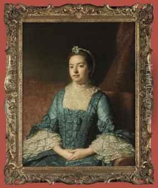 Portrait Of Sarah Verney (b. 
C.1733), Half-length, In A Blue Dresswith Bows, With A Lace Bodice And 
Cuffs, Seated On A Red Sofa, Adraped Curtain Beyond Oil Painting - Allan Ramsay