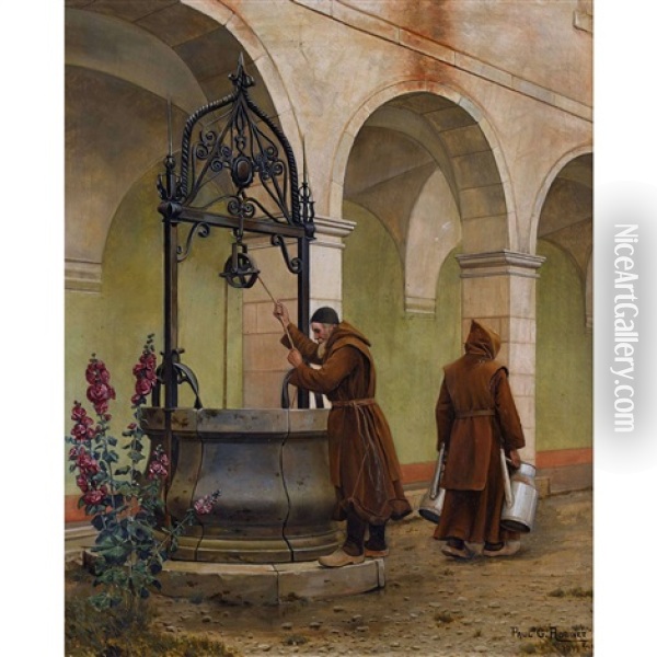 Monche Am Klosterbrunnen Oil Painting - Paul Gustave Robinet