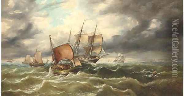 Warships running through the fishing fleet offshore Oil Painting - George Chambers