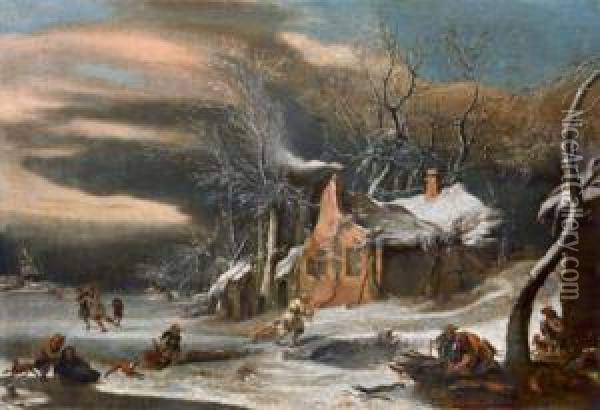 Hollandische Winterlandschaft Mit Eislaufern Oil Painting - Jan Pieter Van Bredael I