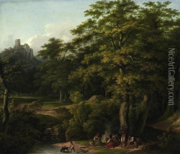 Resting Folk In A Forest Landscape Oil Painting - Christian Fues