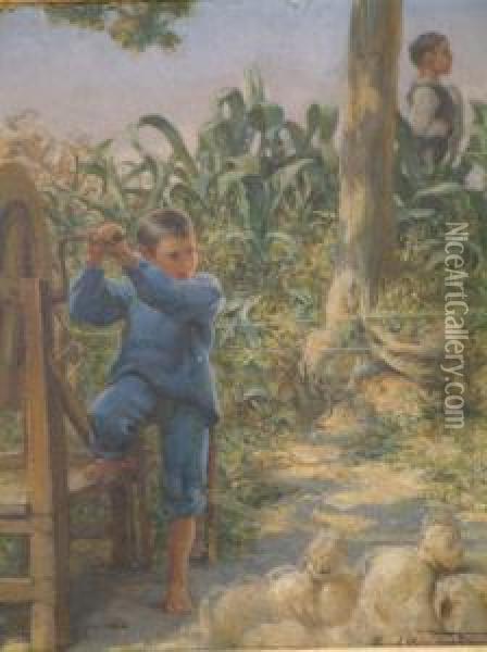 Topham Oil On Card 'jute Spinning' Signed 8.25 X 7in Oil Painting - Frank William Warwick Topham