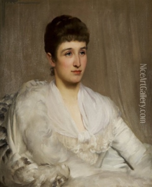 Portrait Of A Lady In A White Lace Dress Oil Painting - St. George Hare