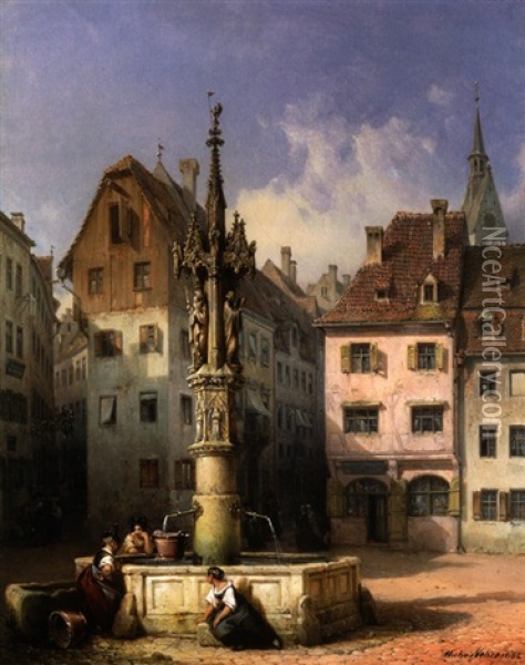 Der Fischmarktbrunnen In Basel Oil Painting - Michael Neher