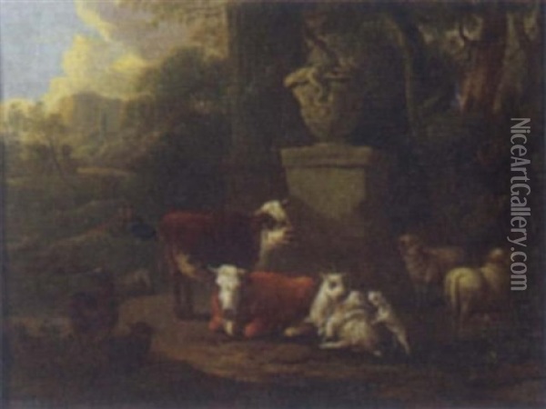 Cows And Sheep Oil Painting - Michiel (Carree) Carre