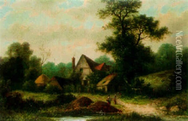 A Country View Of A Timbered House And A River With Figures In Foreground Oil Painting - William Henry Yates