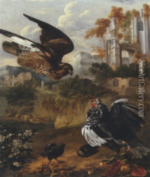 A Hen Protecting Her Chickens From A Hawk, By A Ruin Oil Painting - Jan Griffier the Younger