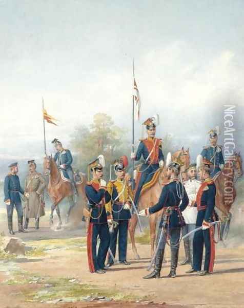 Group of Officers, Standard Bearers and Trumpeter from Their Majesties Lifeguards Uhlan Regiments Oil Painting - Piotr Ivanovich Balashov