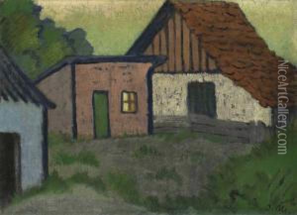 Drei Hutten, Eine Mit Rotem Dach Oil Painting - Otto Mueller