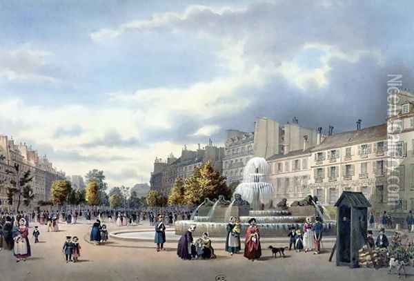 The Fountain of the Boulevard St. Martin, from 'Vue de Paris', c.1840 Oil Painting - Philippe Benoist
