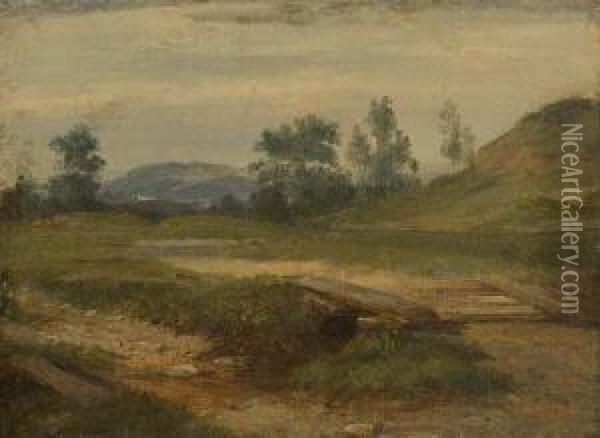 Bachlauf Mit Holzbrucke In
 Hugeliger Landschaft. Oil Painting - Christian Bernhard Morgenstern