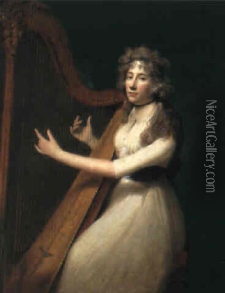 Portrait Of A Lady Playing A Harp Oil Painting - Lemuel Francis Abbott