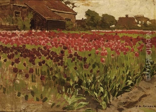 Paarsche En Roode Darwin Tulpen Oil Painting - Antonie Louis Koster
