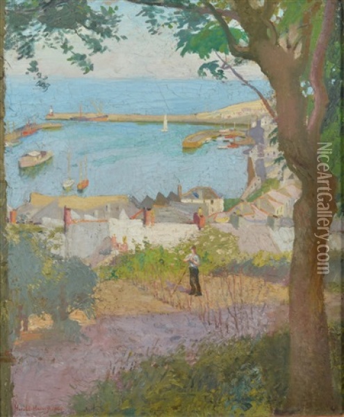 Looking Down To Newlyn Harbour Oil Painting - Harold Harvey