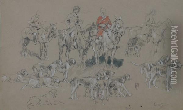 A Pair Of Drawings Depicting Hunting Scenes Oil Painting - Edouard Doigneau